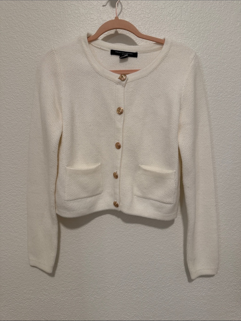 French Connection Cream Knit Cardigan with Gold Buttons